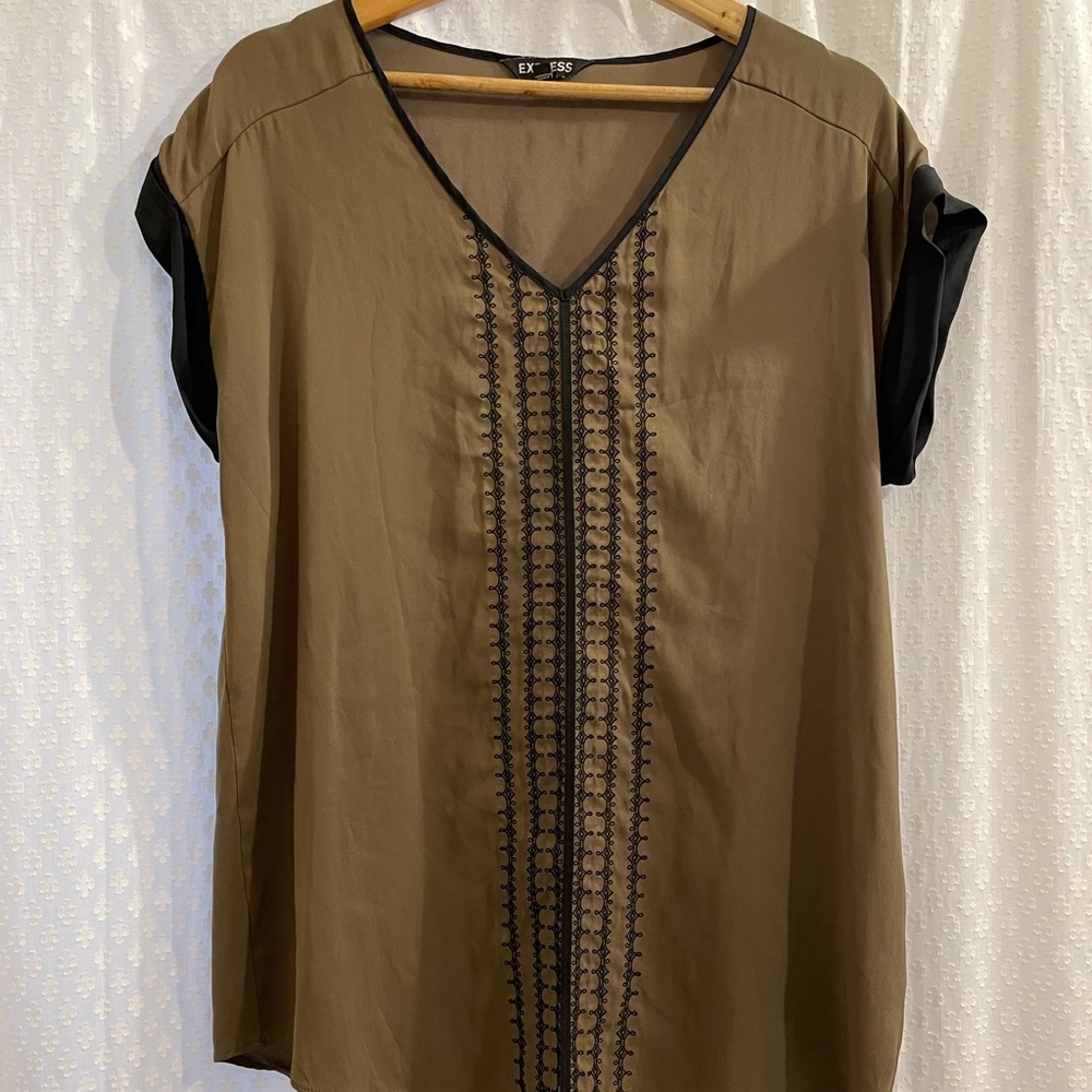 Express Brown and Black V-Neck Top